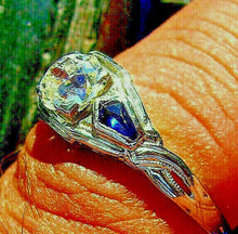 Load image into Gallery viewer, Earth mined Cushion cut Diamond and Sapphire Engagement Ring Antique 18k White Gold Solitare