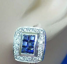 Load image into Gallery viewer, Earth Mined Diamond Sapphire Deco Earrings Vintage Style Geometric Stud 14k White Gold