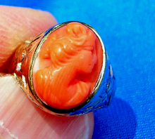 Load image into Gallery viewer, Antique Deco Mediterranean Coral Ring Victorian Engraved 10k Gold Setting SIZE 3.75