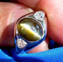 Load image into Gallery viewer, 12 CARAT Earth Mined Chrysoberyl Cats Eye Platinum Diamond Art Deco Ring