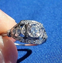 Load image into Gallery viewer, Earth mined 0.61 carat European Diamond Deco Engagement Ring Antique Geometric Design Platinum Solitaire size 5.5