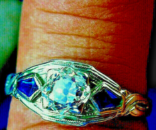 Load image into Gallery viewer, Earth mined Cushion cut Diamond and Sapphire Engagement Ring Antique 18k White Gold Solitare
