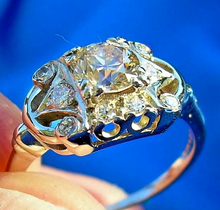 Load image into Gallery viewer, Genuine European Diamond Deco Engagement Ring Vintage Style 14k White Gold setting