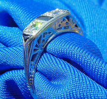 Load image into Gallery viewer, EARTH MINED Diamond Sapphire Deco Wedding Band Unique Antique 18k White Gold Belais Ring