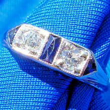 Load image into Gallery viewer, EARTH MINED Diamond Sapphire Deco Wedding Band Unique Antique 18k White Gold Belais Ring