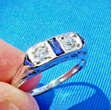 Load image into Gallery viewer, EARTH MINED Diamond Sapphire Deco Wedding Band Unique Antique 18k White Gold Belais Ring