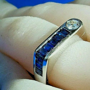 Earth mined Diamond Sapphire Deco Style Engagement Ring Wedding Band 14k White Gold