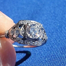 Load image into Gallery viewer, Earth mined 0.61 carat European Diamond Deco Engagement Ring Antique Geometric Design Platinum Solitaire size 5.5