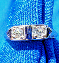 Load image into Gallery viewer, EARTH MINED Diamond Sapphire Deco Wedding Band Unique Antique 18k White Gold Belais Ring