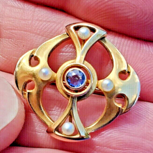 Load image into Gallery viewer, Art Deco Sapphire and pearl Brooch 14k Gold Unique Vintage Design Geometric Pin