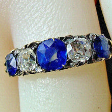Load image into Gallery viewer, 1.24 carat Earth mined Cushion cut Diamond and Sapphire Deco Ring Antique Wedding Band 14k