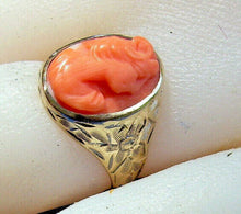 Load image into Gallery viewer, Antique Deco Mediterranean Coral Ring Victorian Engraved 10k Gold Setting SIZE 3.75