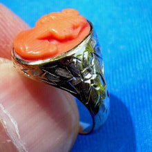 Load image into Gallery viewer, Antique Deco Mediterranean Coral Ring Victorian Engraved 10k Gold Setting SIZE 3.75