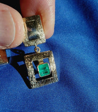 Load image into Gallery viewer, 2 Carat Earth mined Emerald Deco design Earrings Unique Vintage Style Dangles 14k Gold