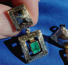 Load image into Gallery viewer, 2 Carat Earth mined Emerald Deco design Earrings Unique Vintage Style Dangles 14k Gold
