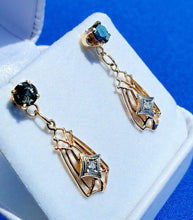 Load image into Gallery viewer, Rose cut Sapphire Diamond Deco Design Earrings Unique Vintage Dangles 14k Gold