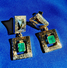 Load image into Gallery viewer, 2 Carat Earth mined Emerald Deco design Earrings Unique Vintage Style Dangles 14k Gold