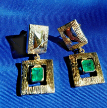 Load image into Gallery viewer, 2 Carat Earth mined Emerald Deco design Earrings Unique Vintage Style Dangles 14k Gold