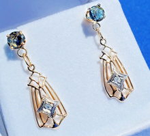Load image into Gallery viewer, Rose cut Sapphire Diamond Deco Design Earrings Unique Vintage Dangles 14k Gold