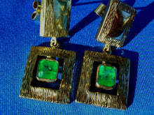 Load image into Gallery viewer, 2 Carat Earth mined Emerald Deco design Earrings Unique Vintage Style Dangles 14k Gold