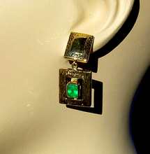 Load image into Gallery viewer, 2 Carat Earth mined Emerald Deco design Earrings Unique Vintage Style Dangles 14k Gold