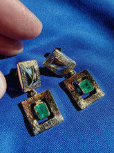 Load image into Gallery viewer, 2 Carat Earth mined Emerald Deco design Earrings Unique Vintage Style Dangles 14k Gold