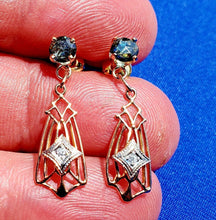 Load image into Gallery viewer, Rose cut Sapphire Diamond Deco Design Earrings Unique Vintage Dangles 14k Gold