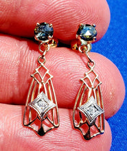 Load image into Gallery viewer, Rose cut Sapphire Diamond Deco Design Earrings Unique Vintage Dangles 14k Gold