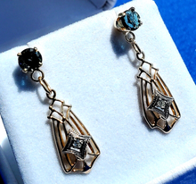Load image into Gallery viewer, Rose cut Sapphire Diamond Deco Design Earrings Unique Vintage Dangles 14k Gold
