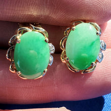 Load image into Gallery viewer, Elagant Jade and Diamond Vintage Earrings Exciting Deco Design Solid 14k Gold Setting
