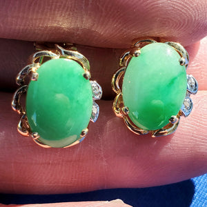 Elagant Jade and Diamond Vintage Earrings Exciting Deco Design Solid 14k Gold Setting