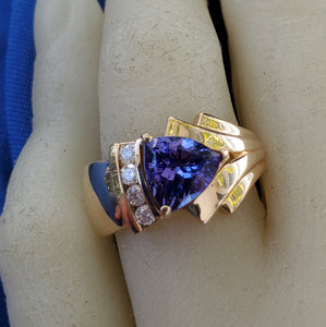 Earth mined Tanzanite Diamond Engagement Ring 14k Gold Modern Design Solitaire