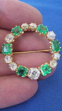 Load and play video in Gallery viewer, 10.2 carat Genuine Earth mined Cushion cut Diamond and Emerald Circle Deco Brooch Antique 18k Gold setting
