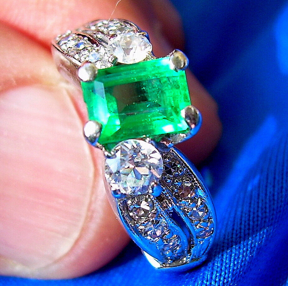 1.69 carat Earth Mined Emerald and Diamond art Deco Engagement Ring Vintage Platinum Setting