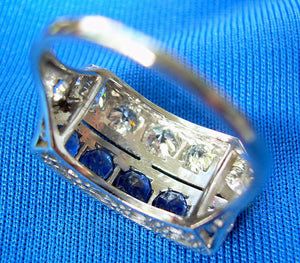 Earth mined Cushion cut Diamond and Sapphire Deco Wedding Ring Antique Platinum Band