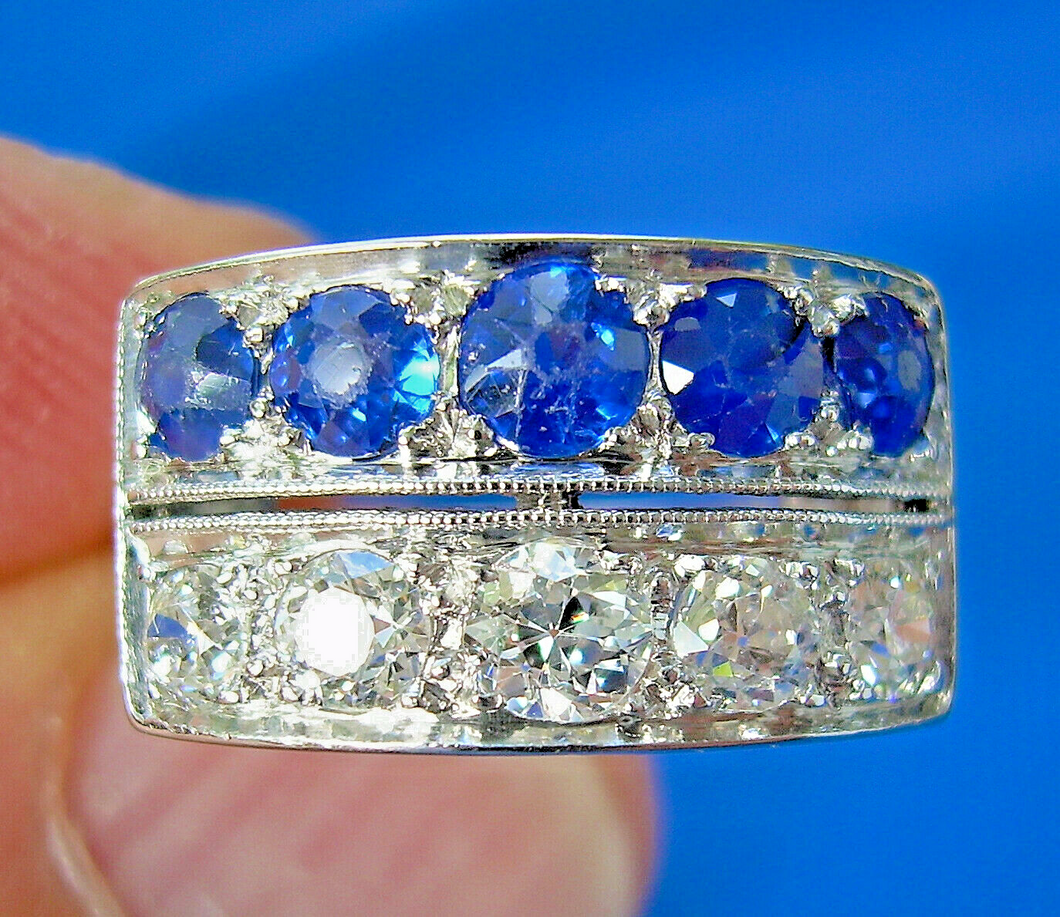 Earth mined Cushion cut Diamond and Sapphire Deco Wedding Ring Antique Platinum Band