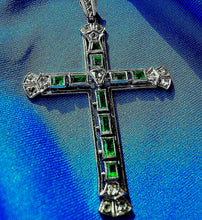 Load image into Gallery viewer, Earth mined Emerald and Rose cut Diamond Antique Cross Vintage Deco Pendant 14k White Gold
