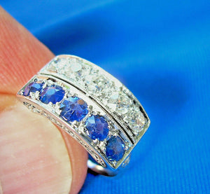 Earth mined Cushion cut Diamond and Sapphire Deco Wedding Ring Antique Platinum Band