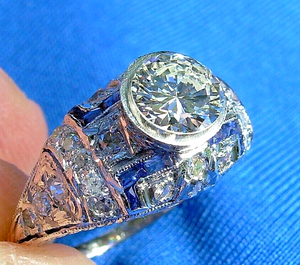Genuine Earth mined 1.34 carat Diamond Deco Engagement Ring Antique Platinum Sapphire Solitaire setting