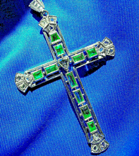 Load image into Gallery viewer, Earth mined Emerald and Rose cut Diamond Antique Cross Vintage Deco Pendant 14k White Gold
