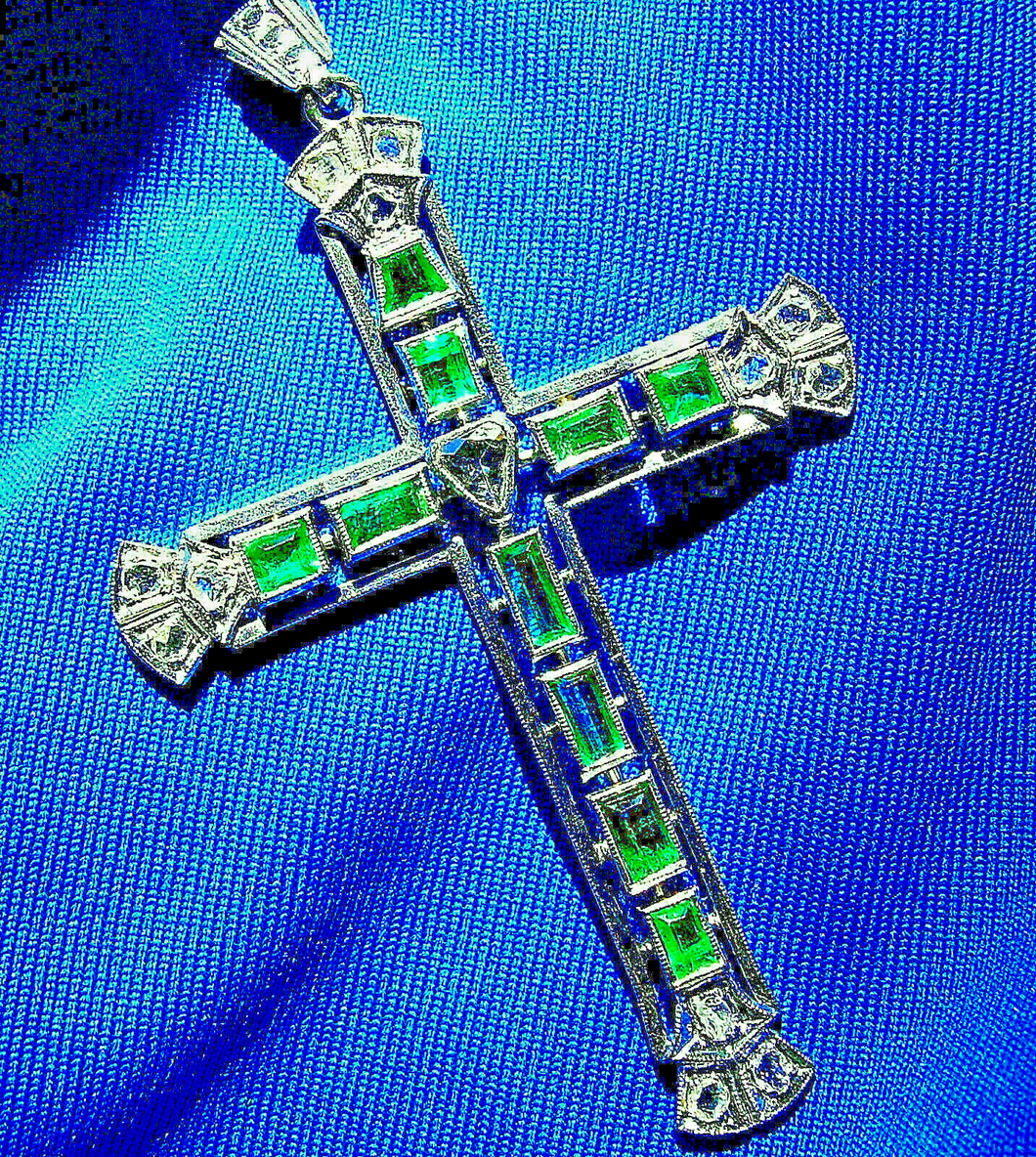 Earth mined Emerald and Rose cut Diamond Antique Cross Vintage Deco Pendant 14k White Gold