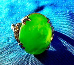 Earth Mined Green JADE Antique Engagement Ring Art Deco Diamond White Gold Setting