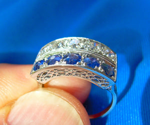 Earth mined Cushion cut Diamond and Sapphire Deco Wedding Ring Antique Platinum Band