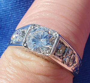 Earth Mined Diamond Art Deco Ring Unique Vintage Setting 14k White Gold Size 8.25