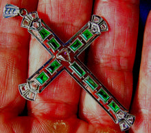 Load image into Gallery viewer, Earth mined Emerald and Rose cut Diamond Antique Cross Vintage Deco Pendant 14k White Gold
