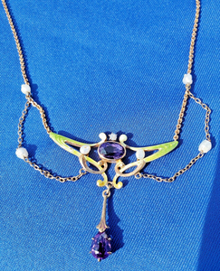 Diamond Amethyst Antique Necklace Art Deco Guilloche Enamel Krementz 14k