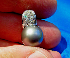 Genuine Diamond Black South Sea Pearl Pendant 14k Gold Deco Designer Charm
