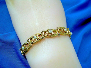 Antique Art Nouveau Gold and Pearl Bracelet Unique Deco Solid 14k 2 tone Links