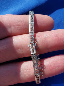 Genuine Diamond Sapphire Art Deco Antique Line Bracelet. Vintage Design Filigree Rhodium and 14k Gold Bracelet