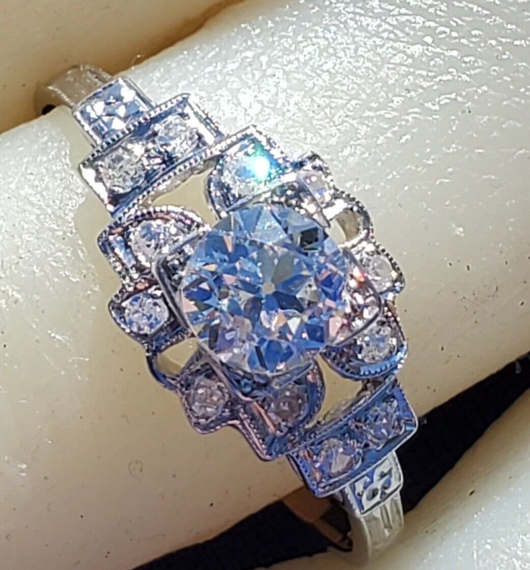 Genuine European cut Diamond Art Deco Engagement Ring Antique Platinum ...